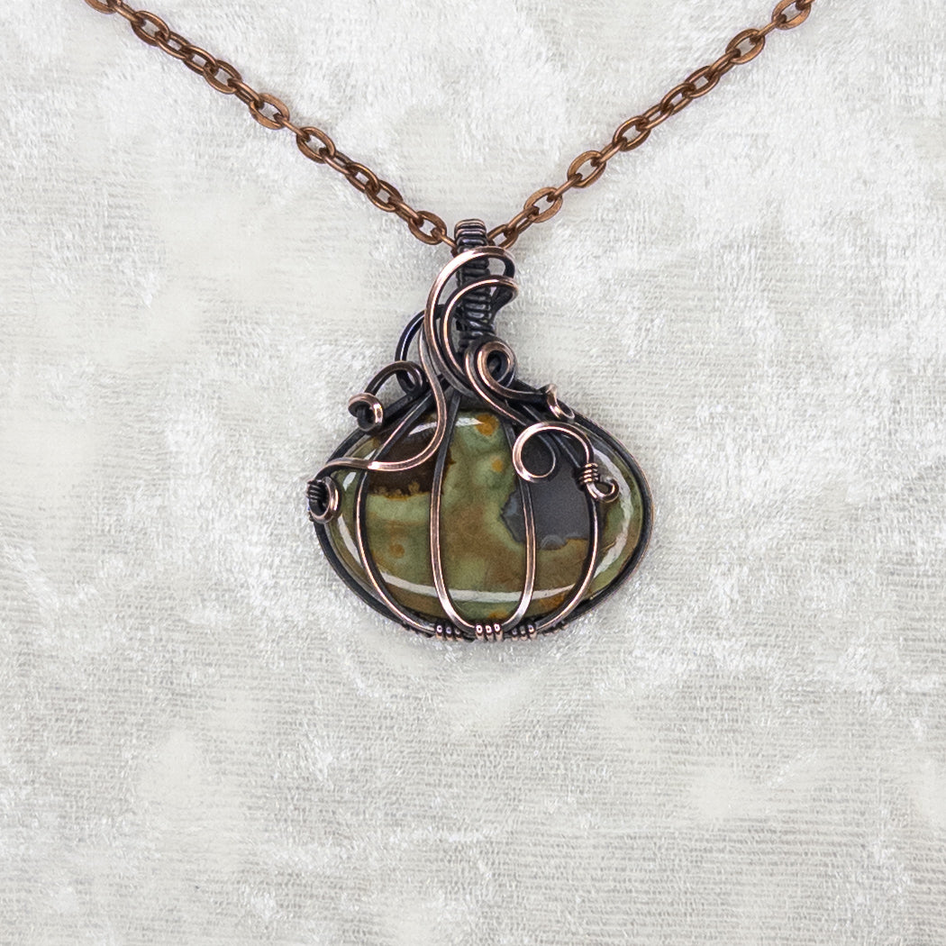 Rainforest Jasper Antiqued Copper Pumpkin Pendant