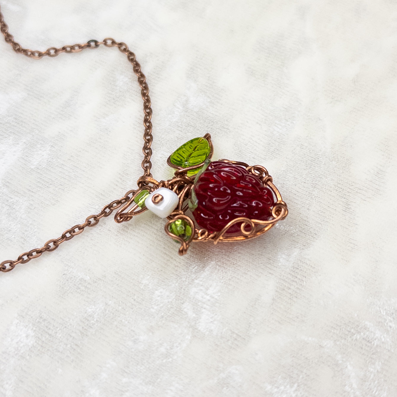 Whimsical Glass Raspberry Copper Wrapped Pendant with Shell Flower - E