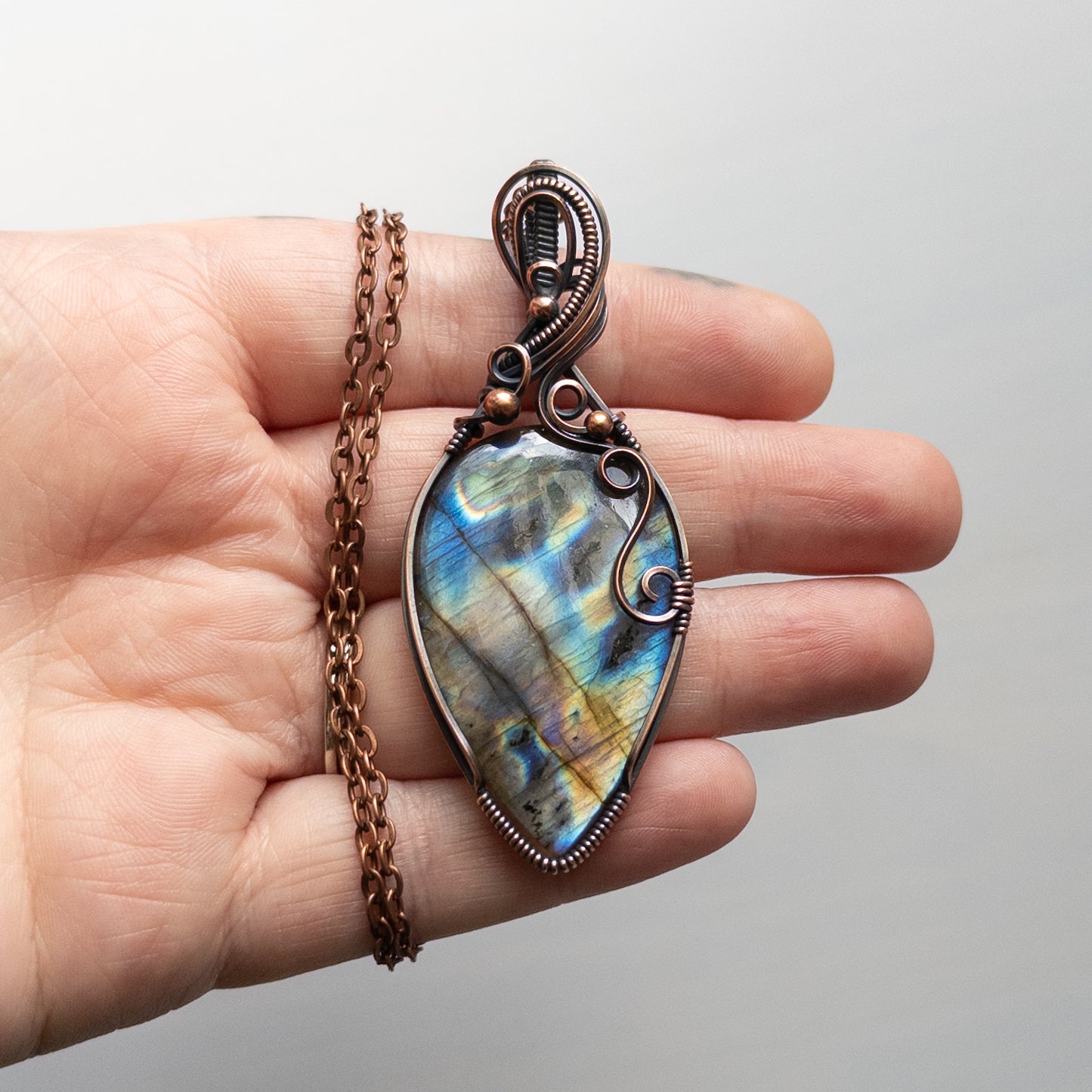Large Multicolor Labradorite Antiqued Copper Wrapped Pendant
