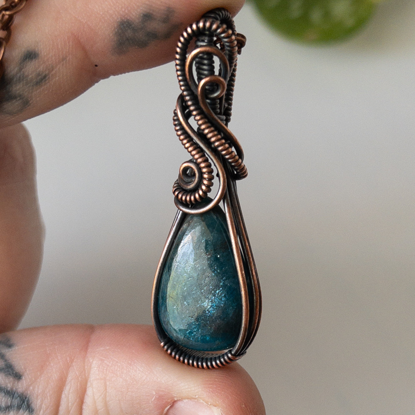 Apatite Teardrop Copper Wrapped Pendant