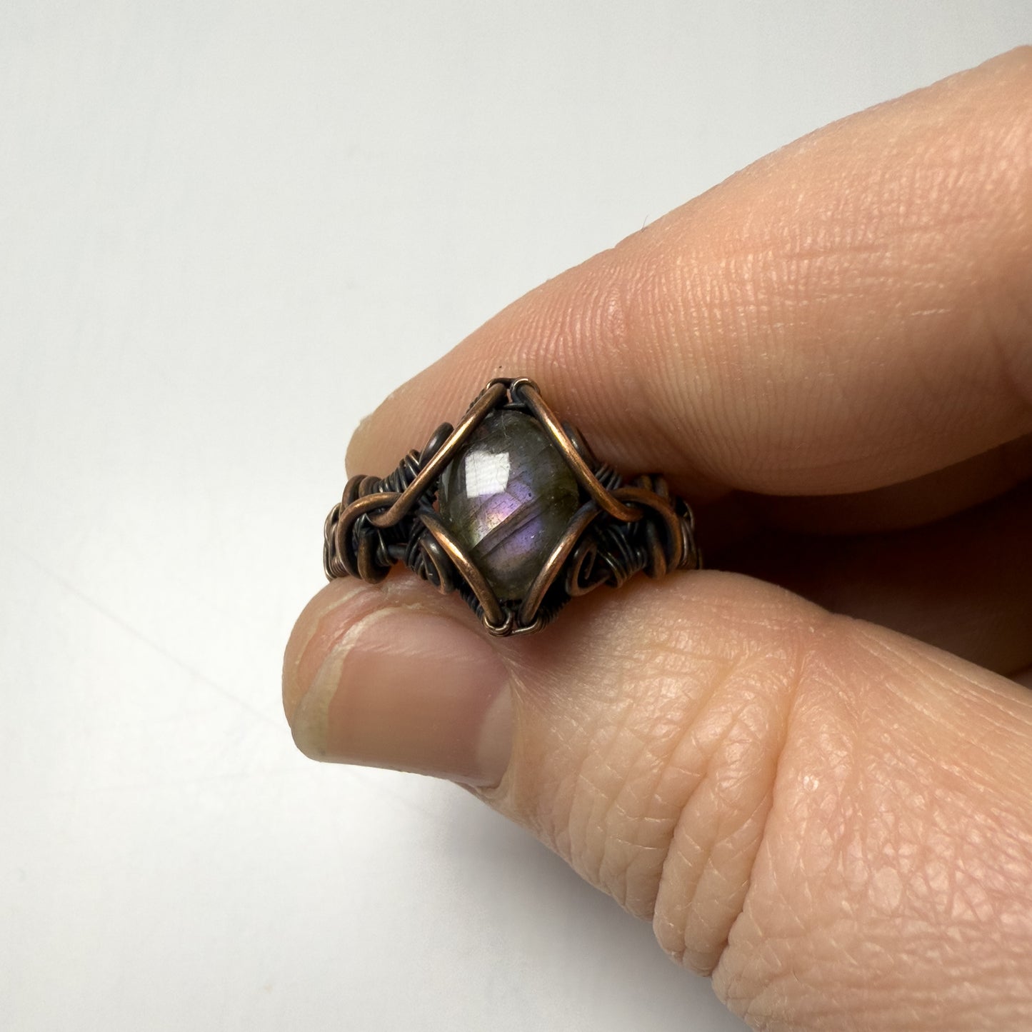 Purple Labradorite Intricate Woven Copper Ring 7.5