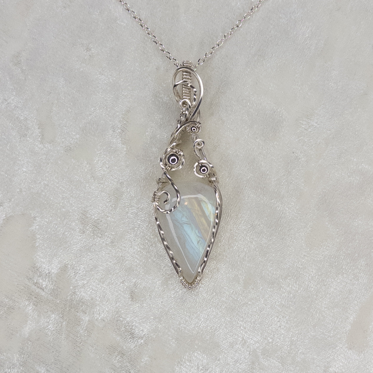 “Bubbles” Rainbow Moonstone & Sterling Silver Wrapped Pendant
