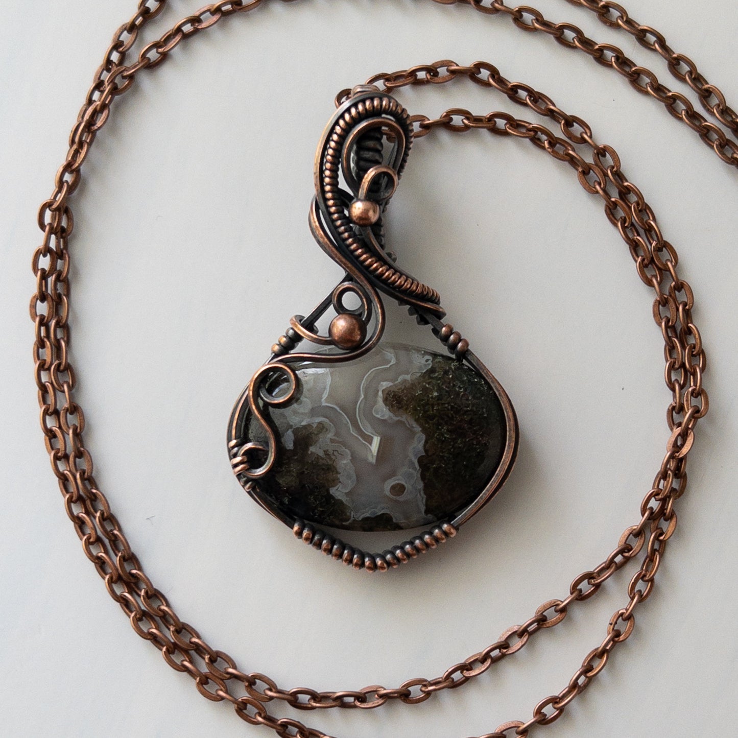 Moss Agate Copper Wrapped Pendant