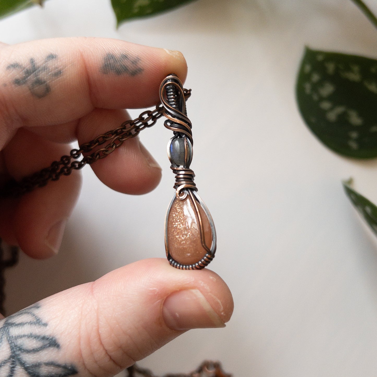 Sunstone With Labradorite & Copper Wrapped Pendant