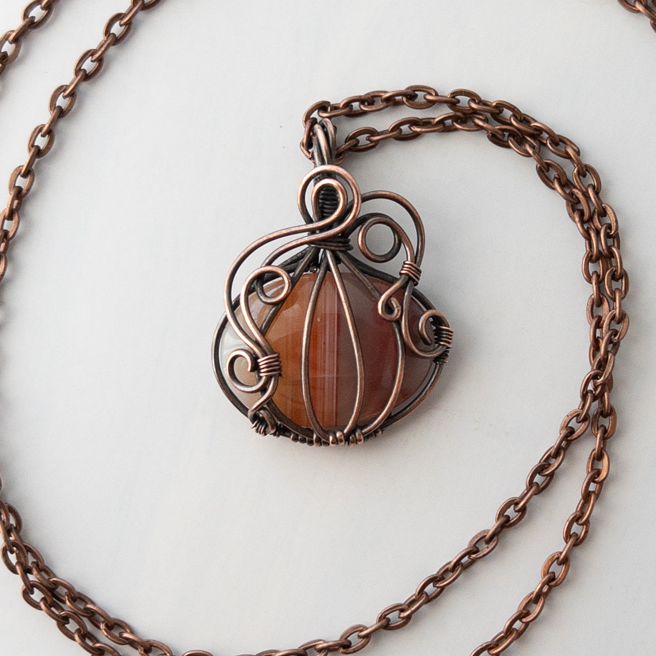 Banded Carnelian Pumpkin Antiqued Copper Wrapped Pendant