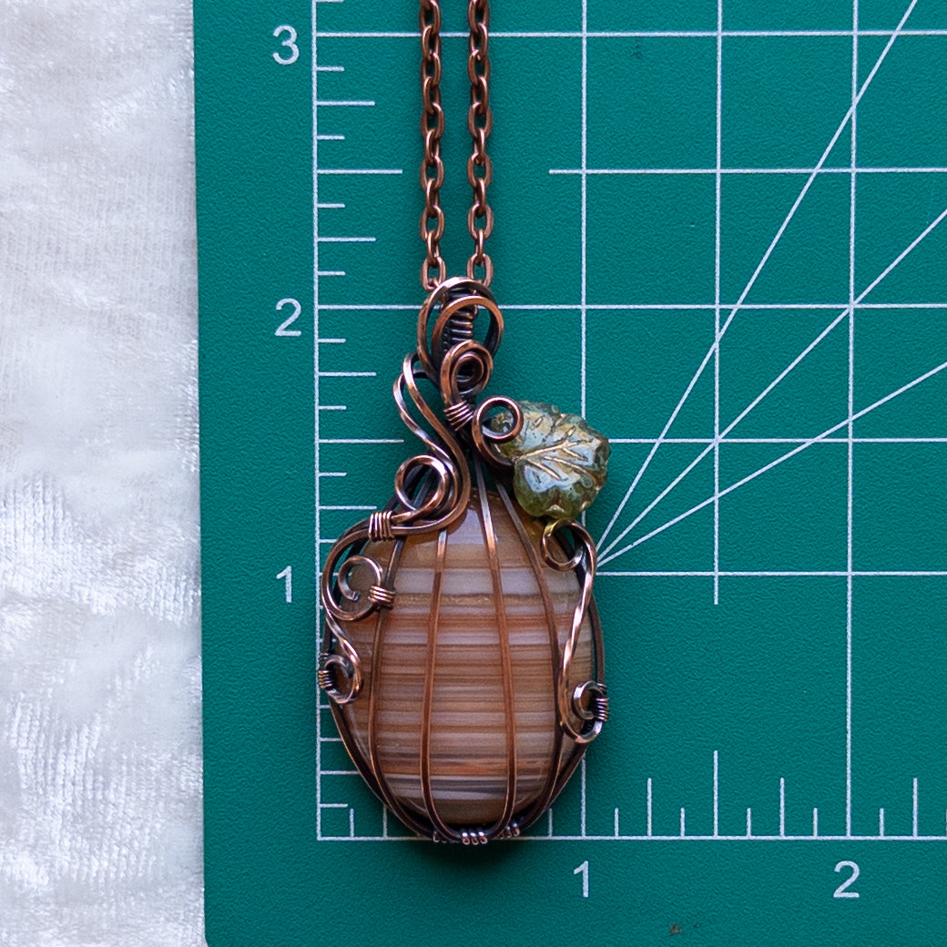 The Last “Candy Corn” Agate Pumpkin Pendant With Czech Glass Leaf - Antiqued Copper