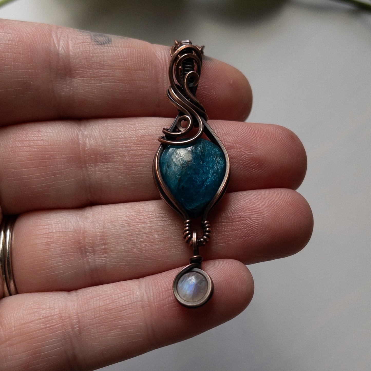 Apatite With Moonstone Charm & Copper Wrapped Pendant