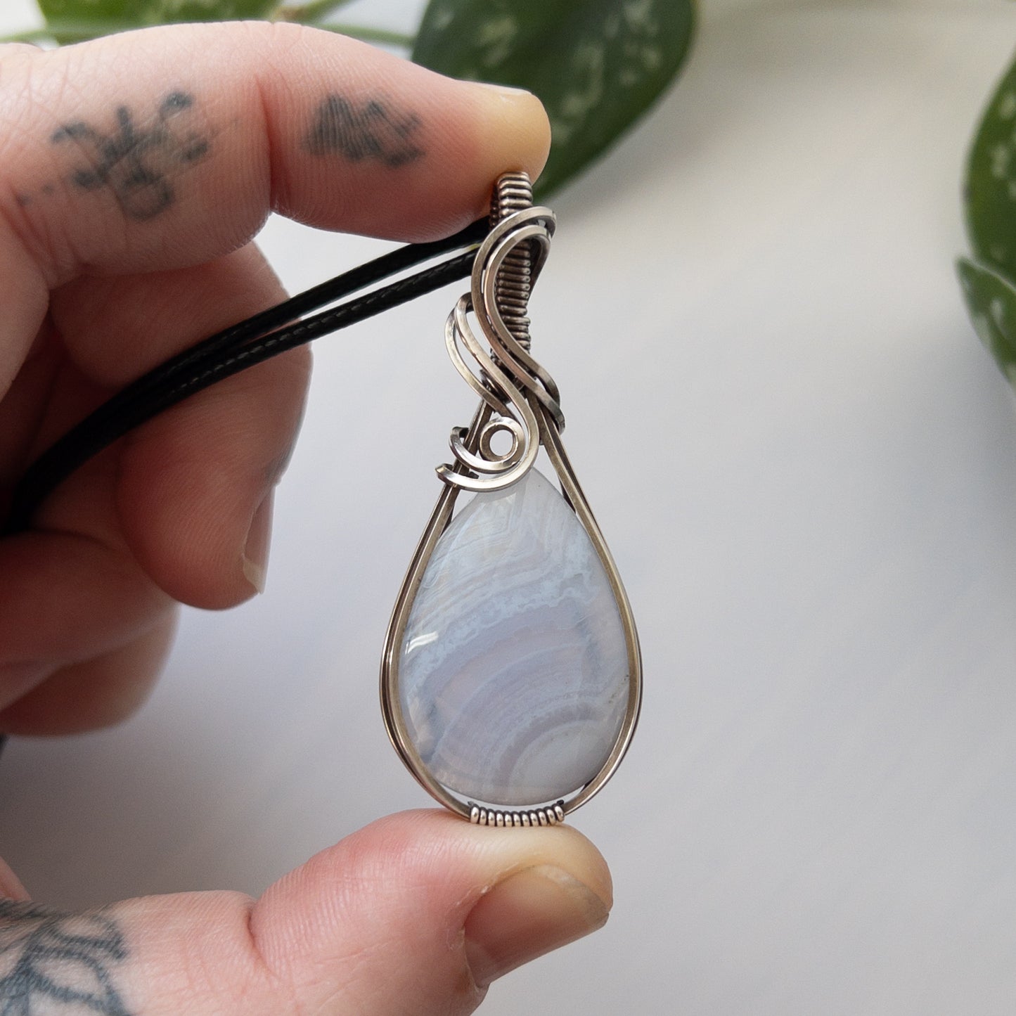 Blue Lace Agate & Sterling Silver Wrapped Pendant