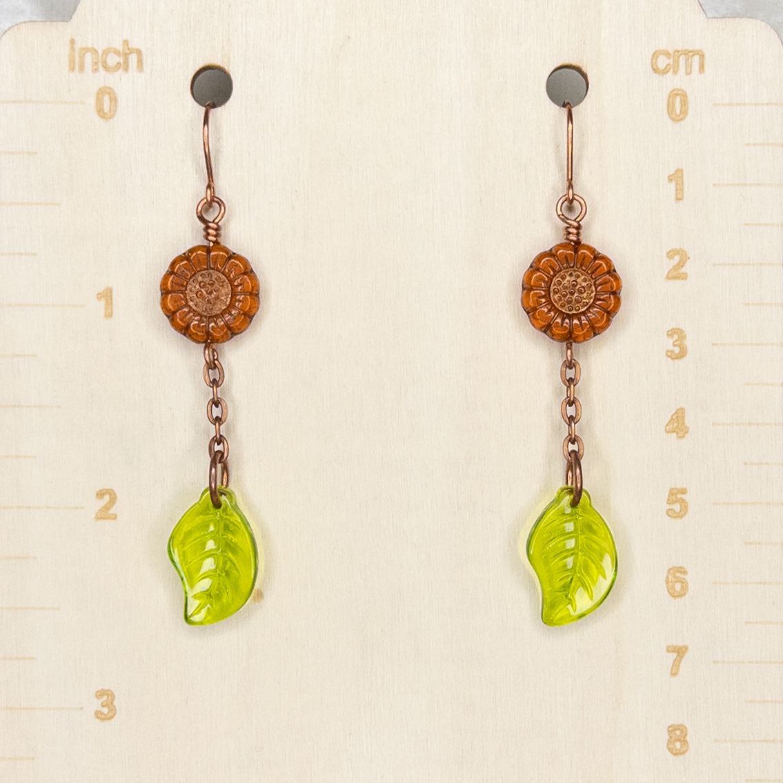 Czech Glass Sunflower & Glass Leaf Copper Earrings