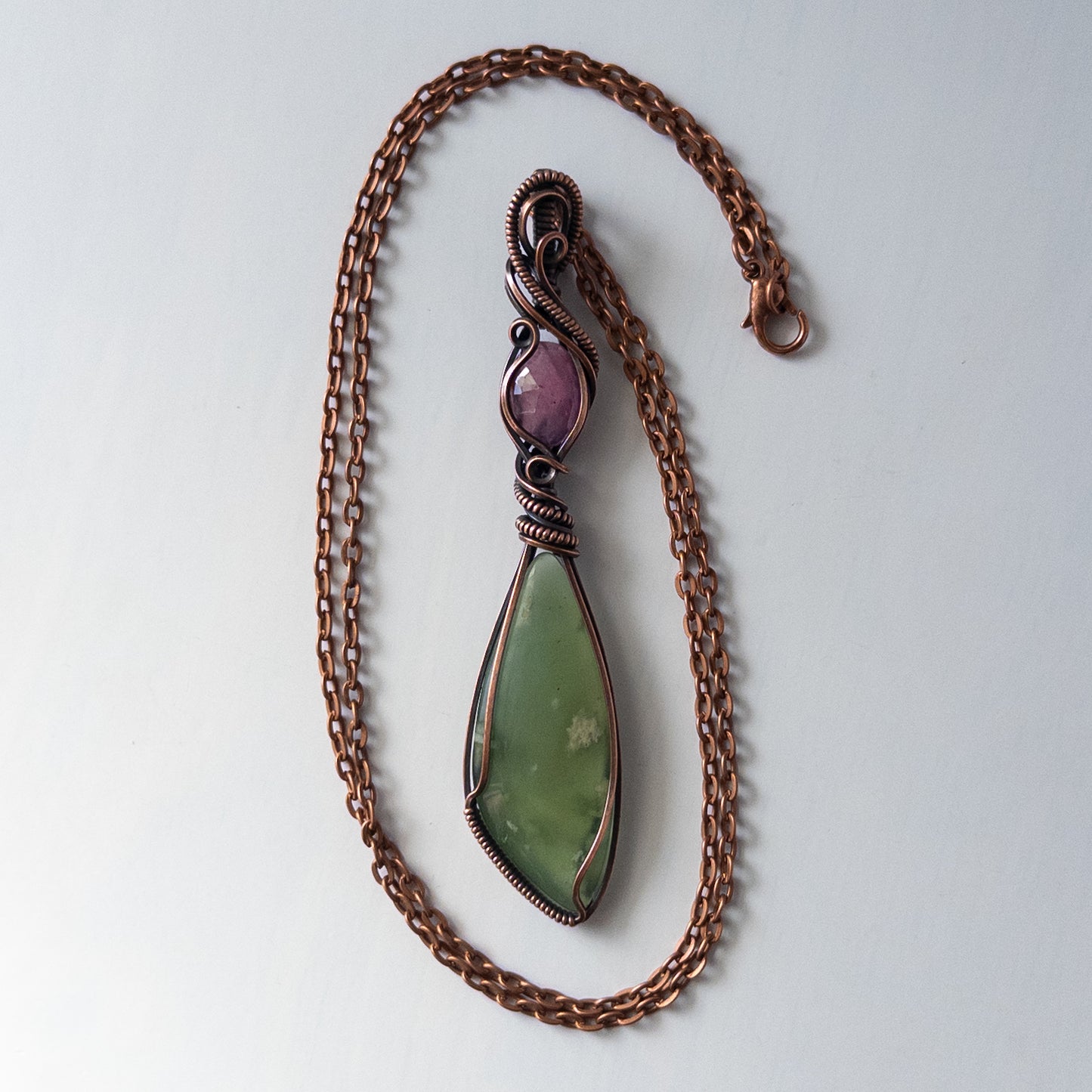 Tulip Inspired Prehnite & Pink Sapphire Antiqued Copper Wrapped Pendant