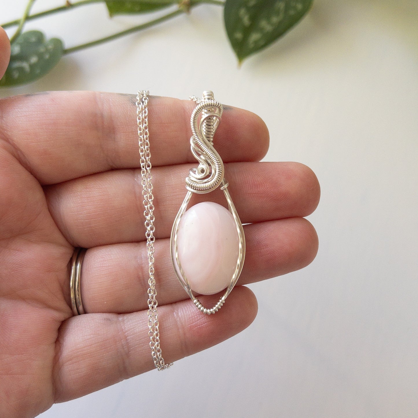 Pink Opal & Sterling Silver Wrapped Pendant