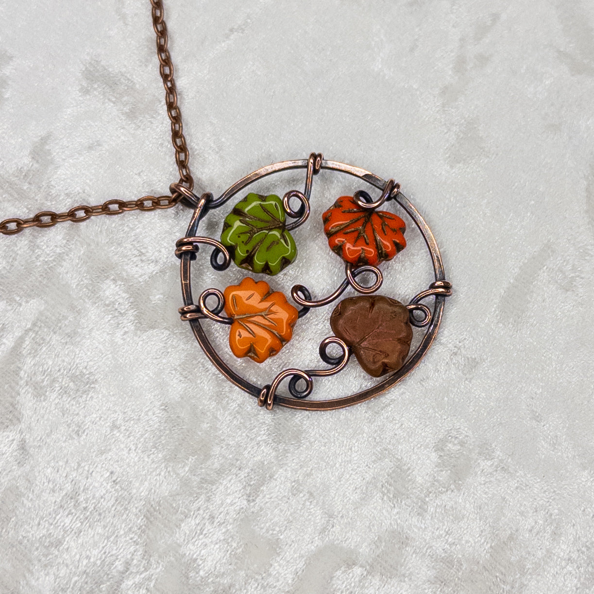“Autumn Leaves” Antiqued Copper Pendant With Czech Glass Leaf Beads