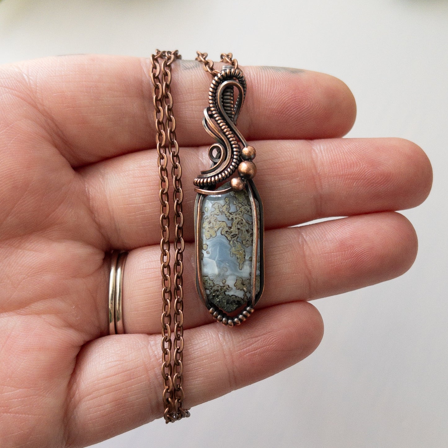 Marquise Mossy Blue Opal Copper Wrapped Pendant
