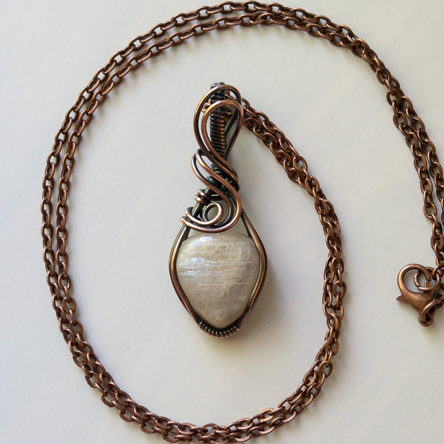 Belomorite Moonstone & Antiqued Copper Wrapped Pendant