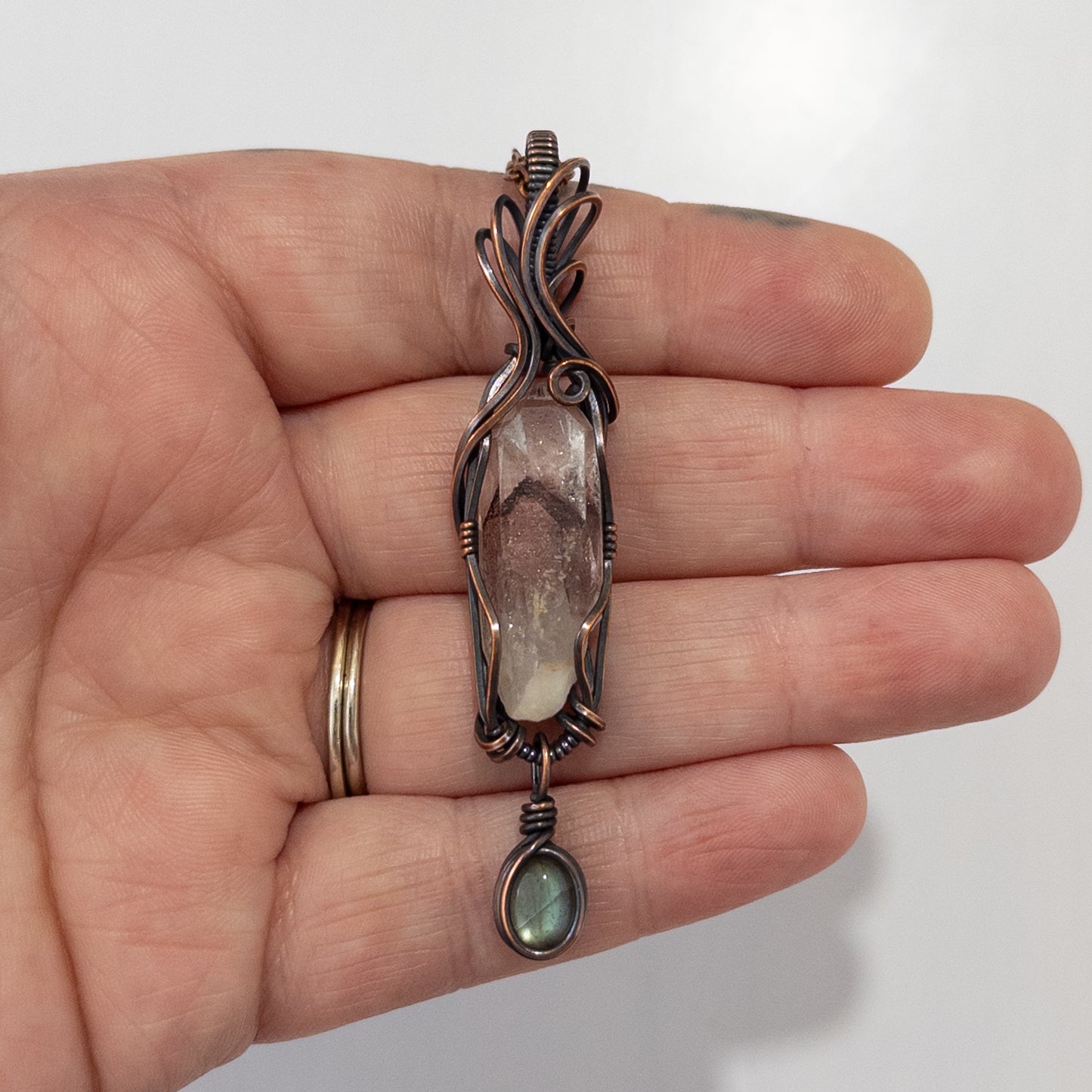 Sunset Phantom Quartz & Dangling Labradorite Copper Wrapped Pendant