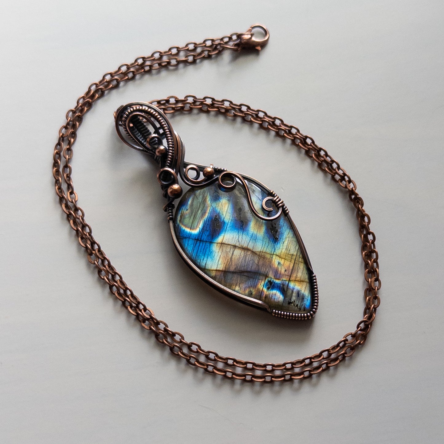 Large Multicolor Labradorite Antiqued Copper Wrapped Pendant