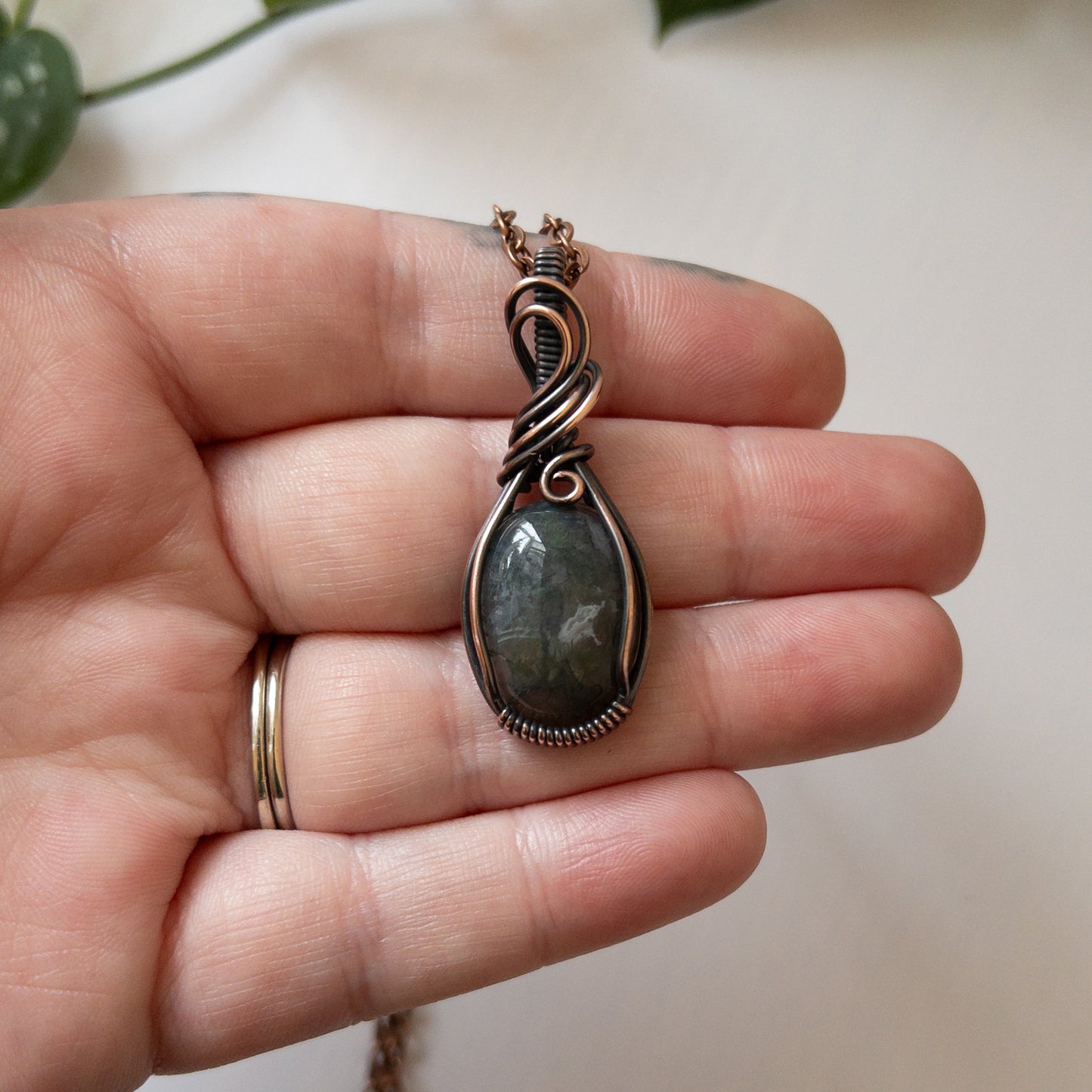 Moss Agate & Copper Wrapped Pendant