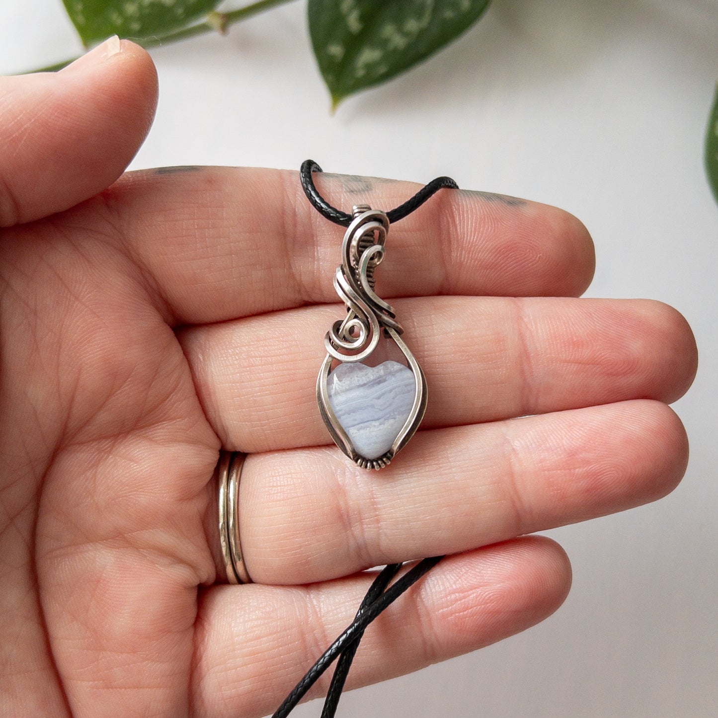 Mini Blue Lace Agate Heart & Sterling Silver Wrapped Pendant - B