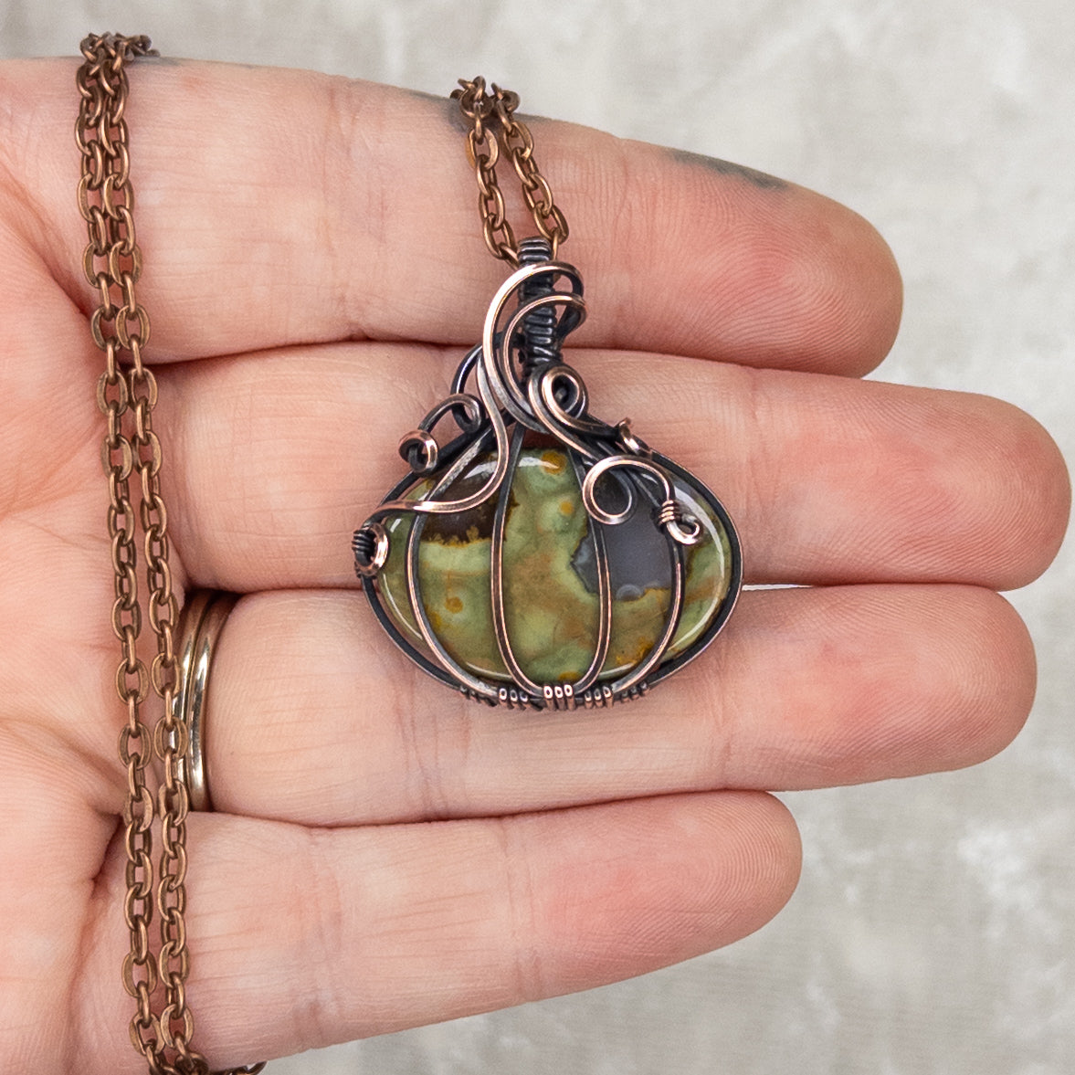 Rainforest Jasper Antiqued Copper Pumpkin Pendant