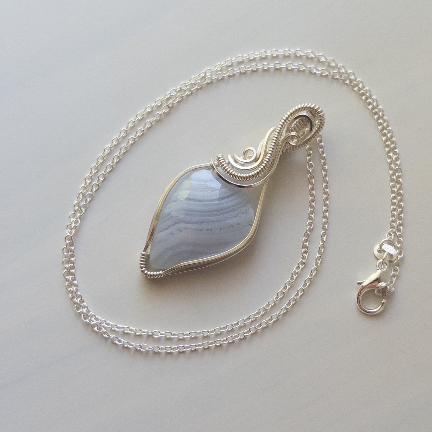 Rose Cut Blue Lace Agate Sterling Silver Wrapped Pendant