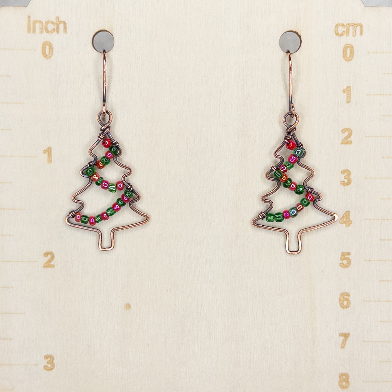 Hammered & Antiqued Copper Christmas Tree Earrings With Glass Bead “Garland”