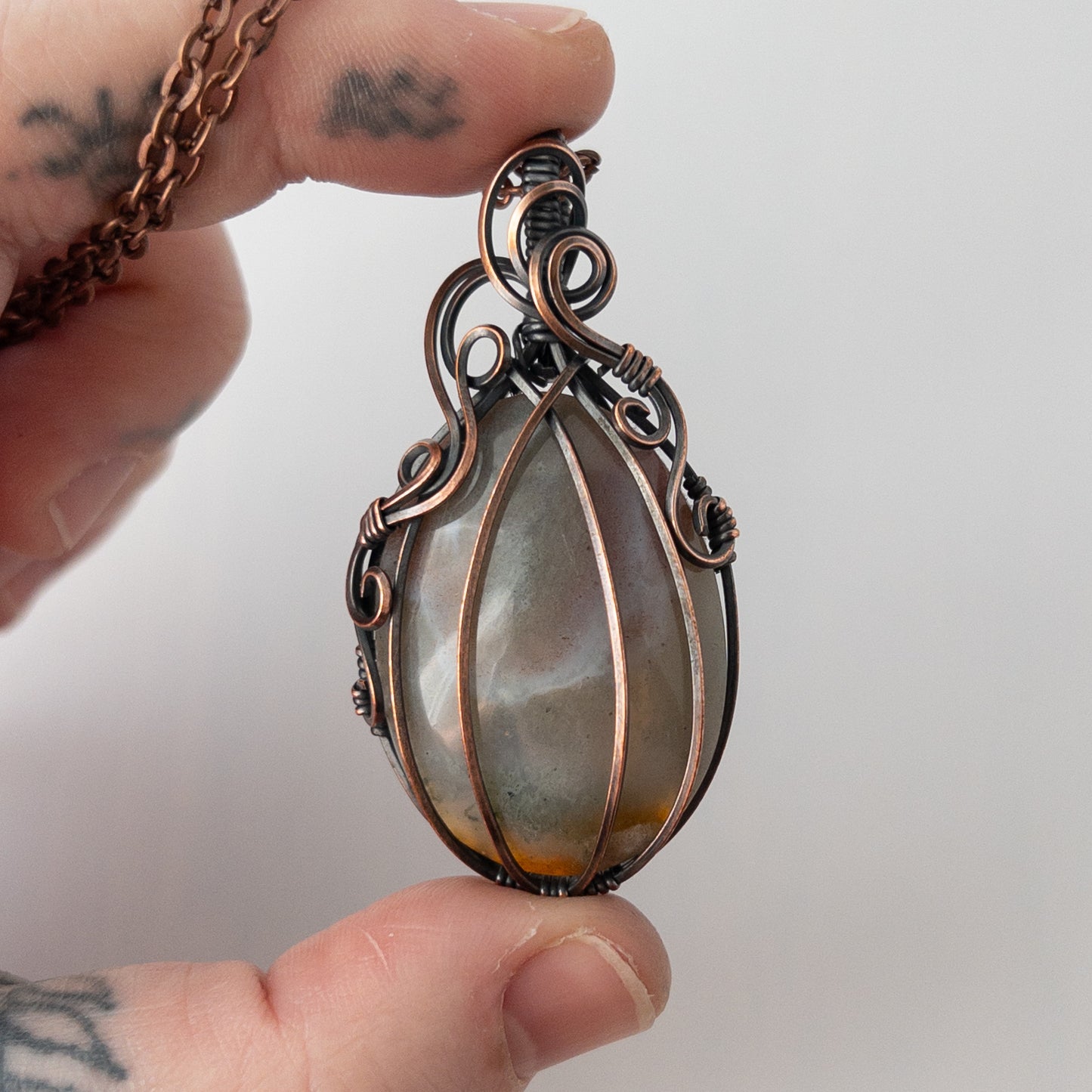 Grey India Agate Pumpkin Antiqued Copper Wrapped Pendant