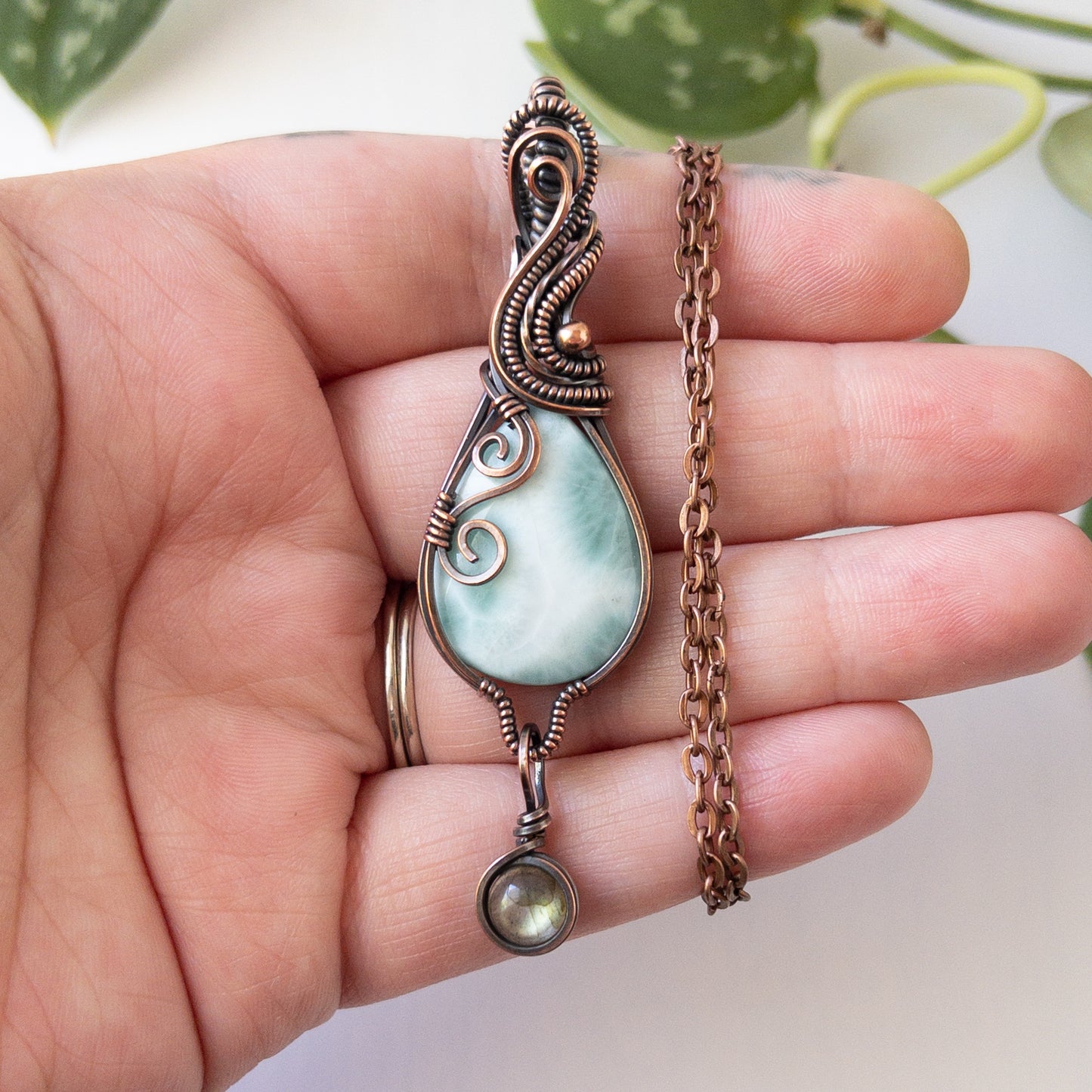 Faceted Larimar With Labradorite Charm Copper Wrapped Pendant