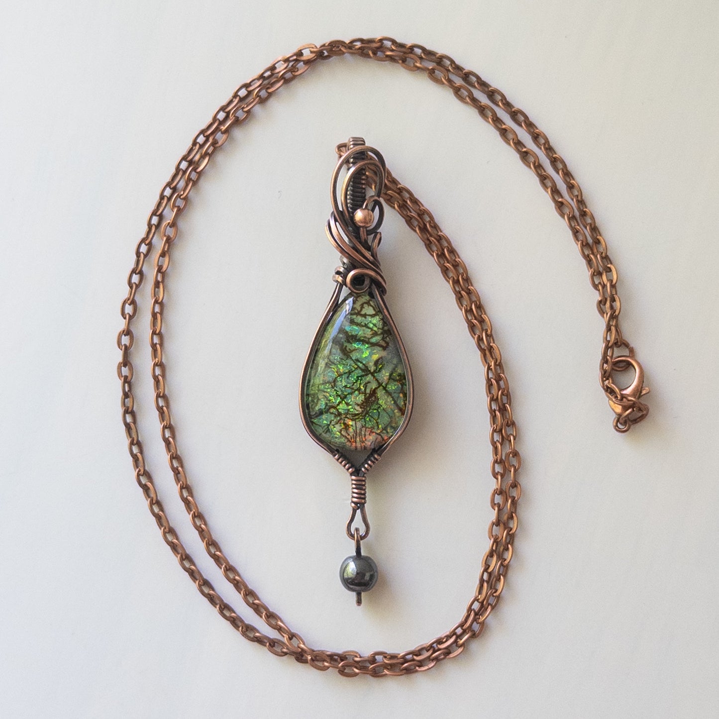 Monarch Opal & Hematite Antiqued Copper Wrapped Pendant