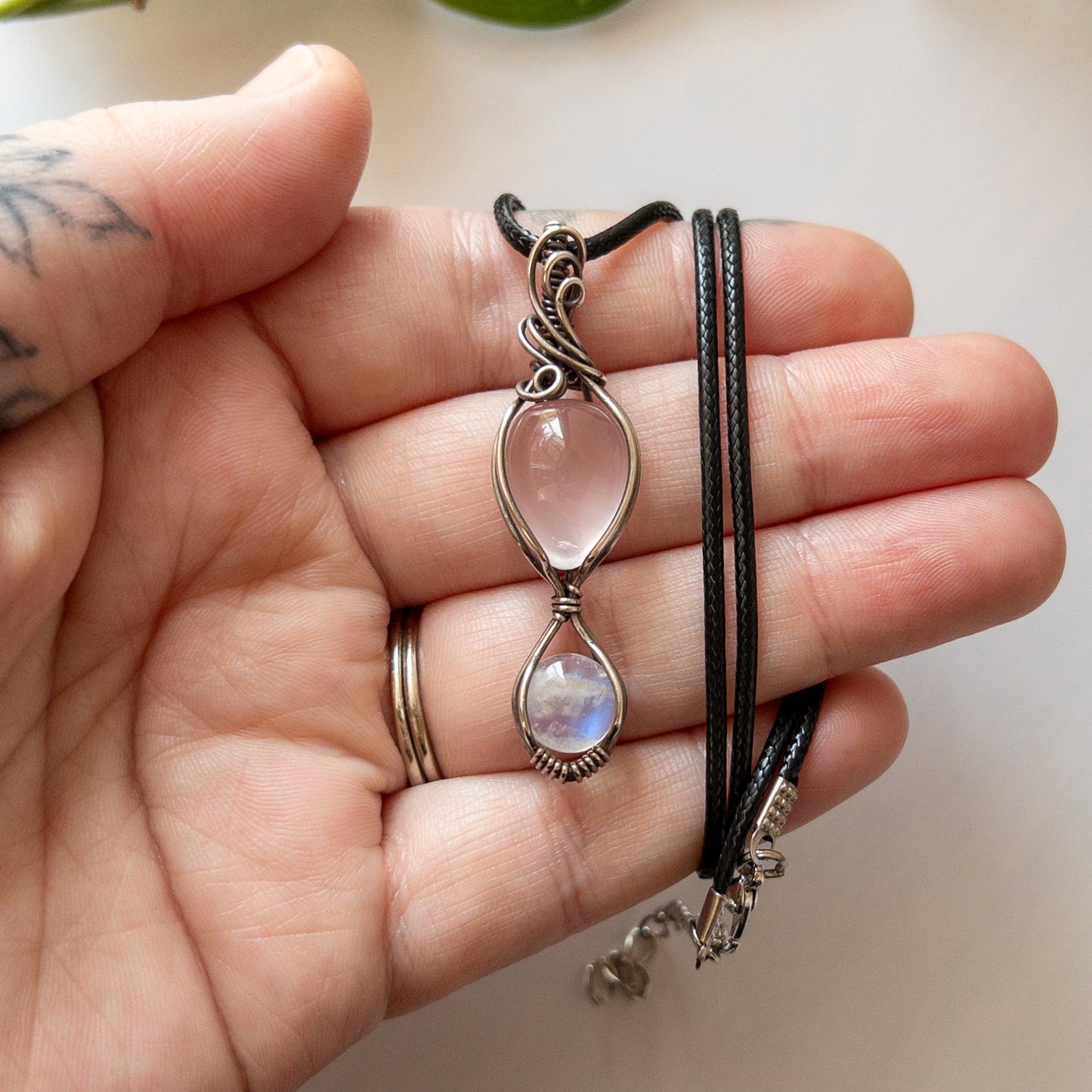 Rose Quartz with Moonstone & Sterling Silver Wrapped Pendant