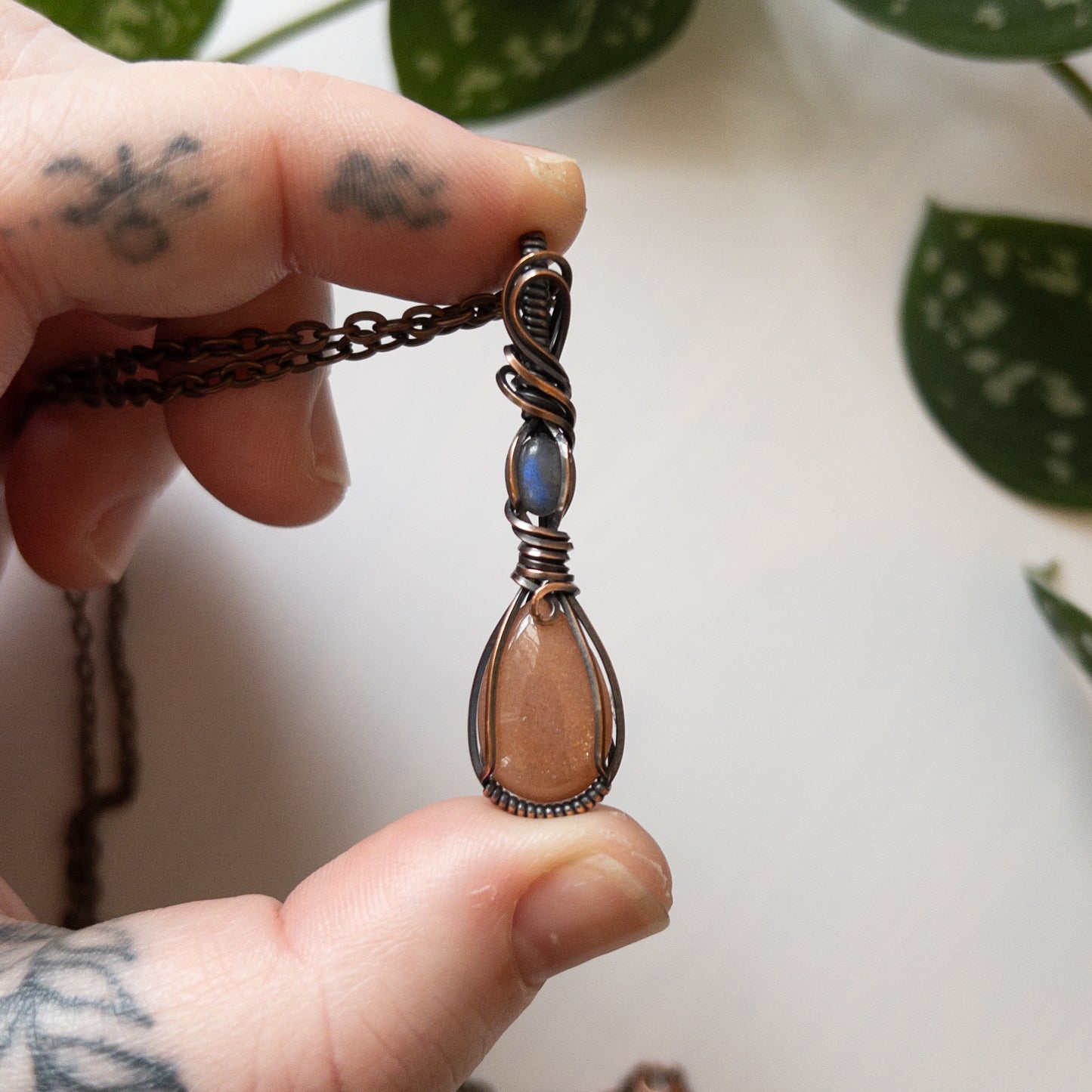 Sunstone With Labradorite & Copper Wrapped Pendant