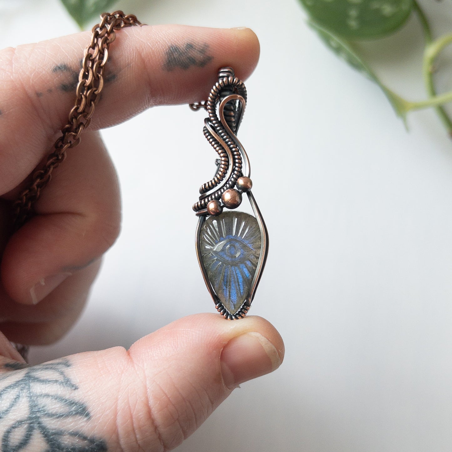 Labradorite With Carved Eye Motif & Copper Wrapped Pendant