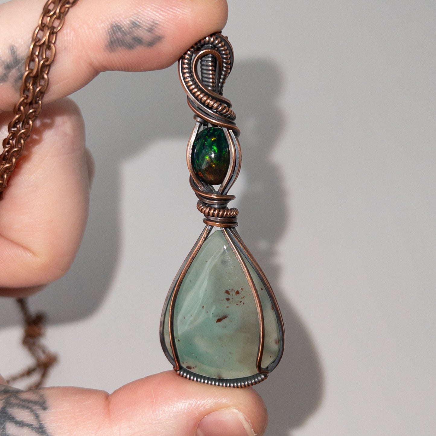 Aquaprase & Smoked Opal Antiqued Copper Wrapped Pendant