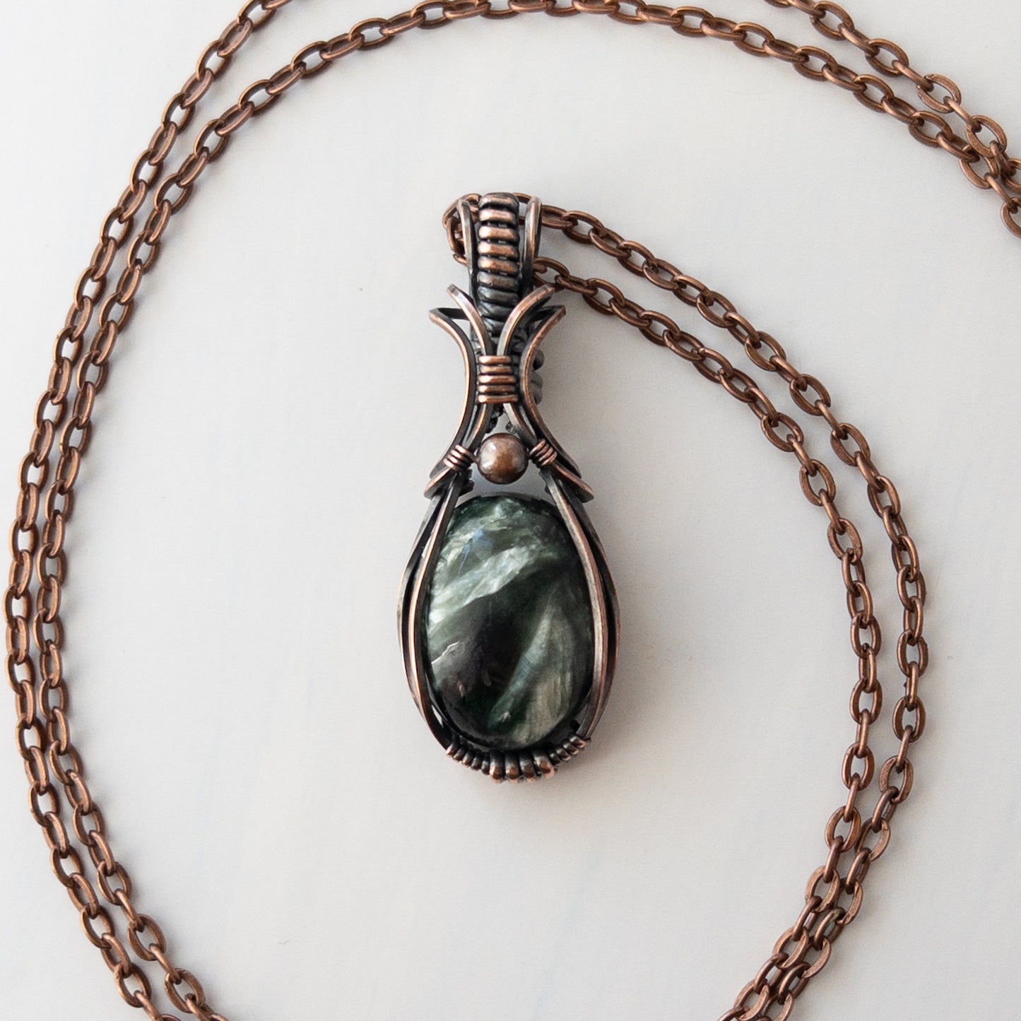 Seraphinite “Elixir” Antiqued Copper Wrapped Pendant