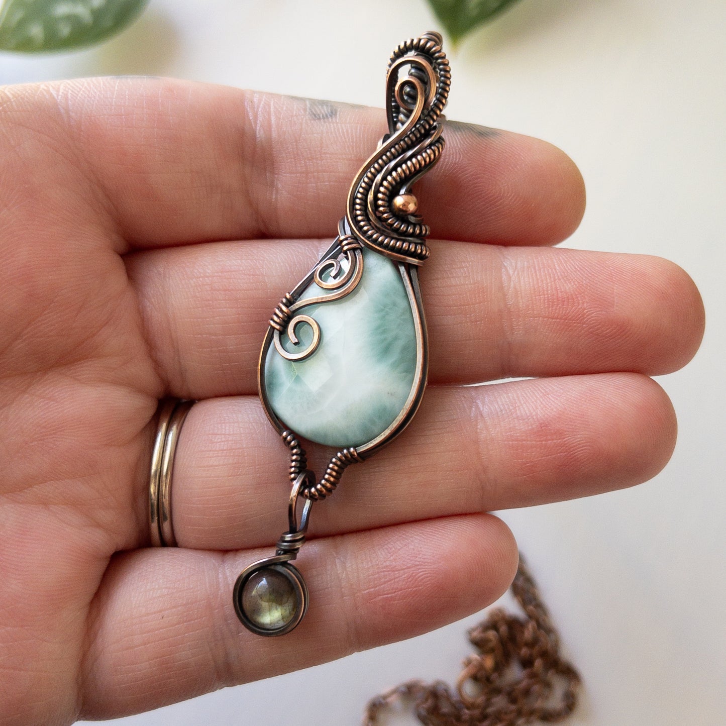 Faceted Larimar With Labradorite Charm Copper Wrapped Pendant
