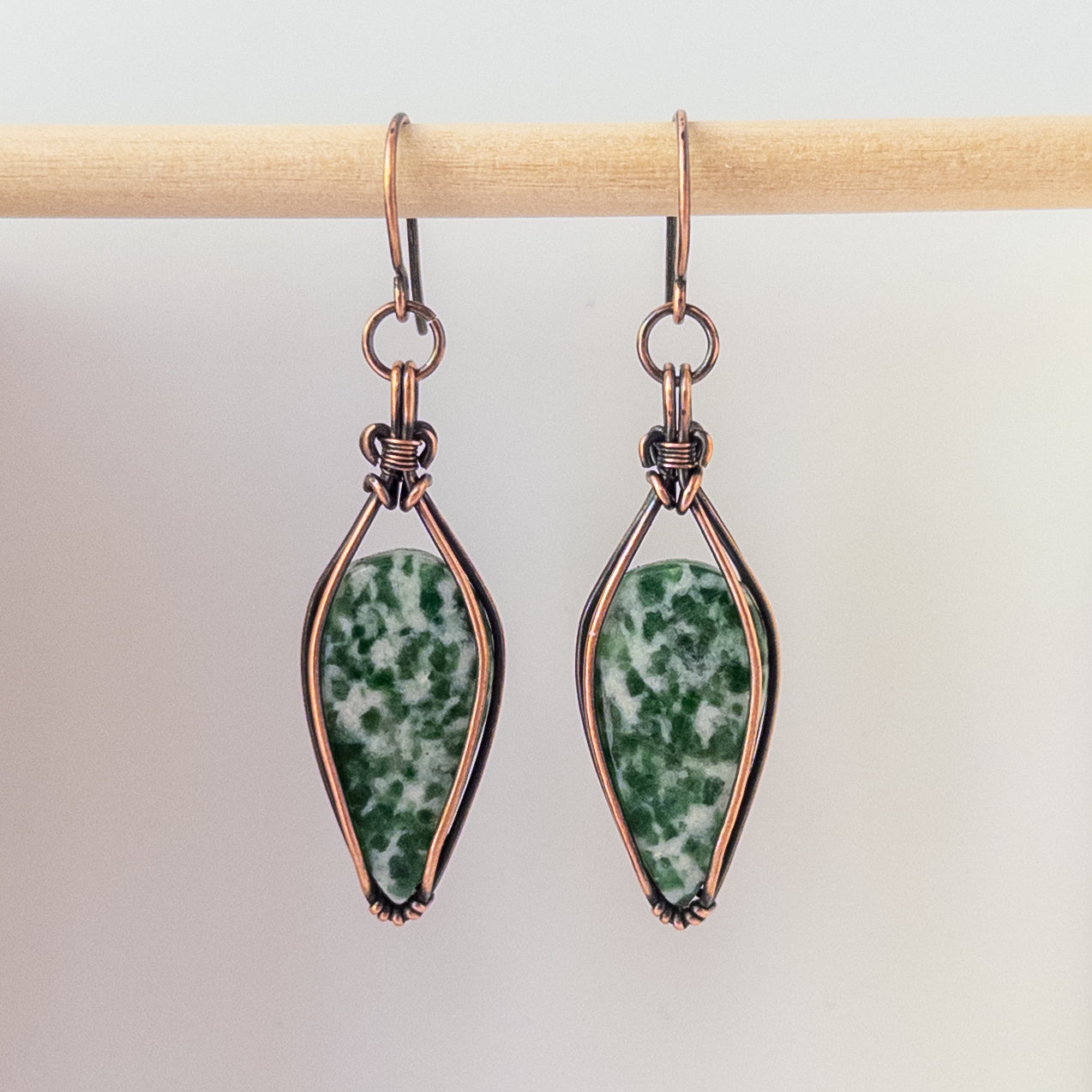 Green Spot Jasper Antiqued Copper Wrapped Earrings