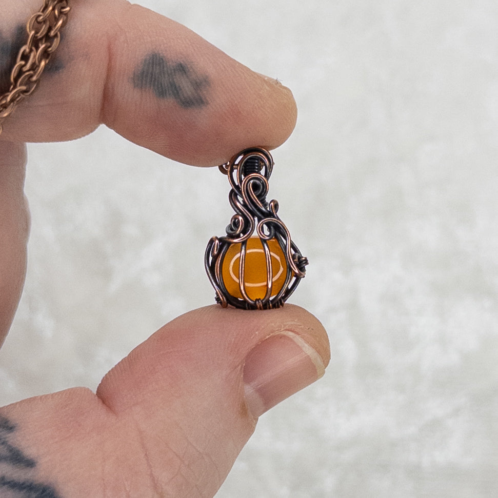 Micro Carnelian Antiqued Copper Pumpkin Pendant