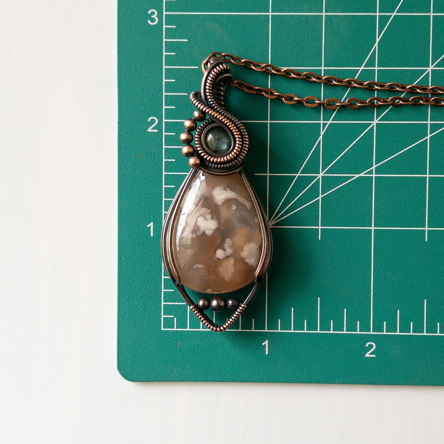 Flower Agate With Labradorite Accent & Copper Wrapped Pendant