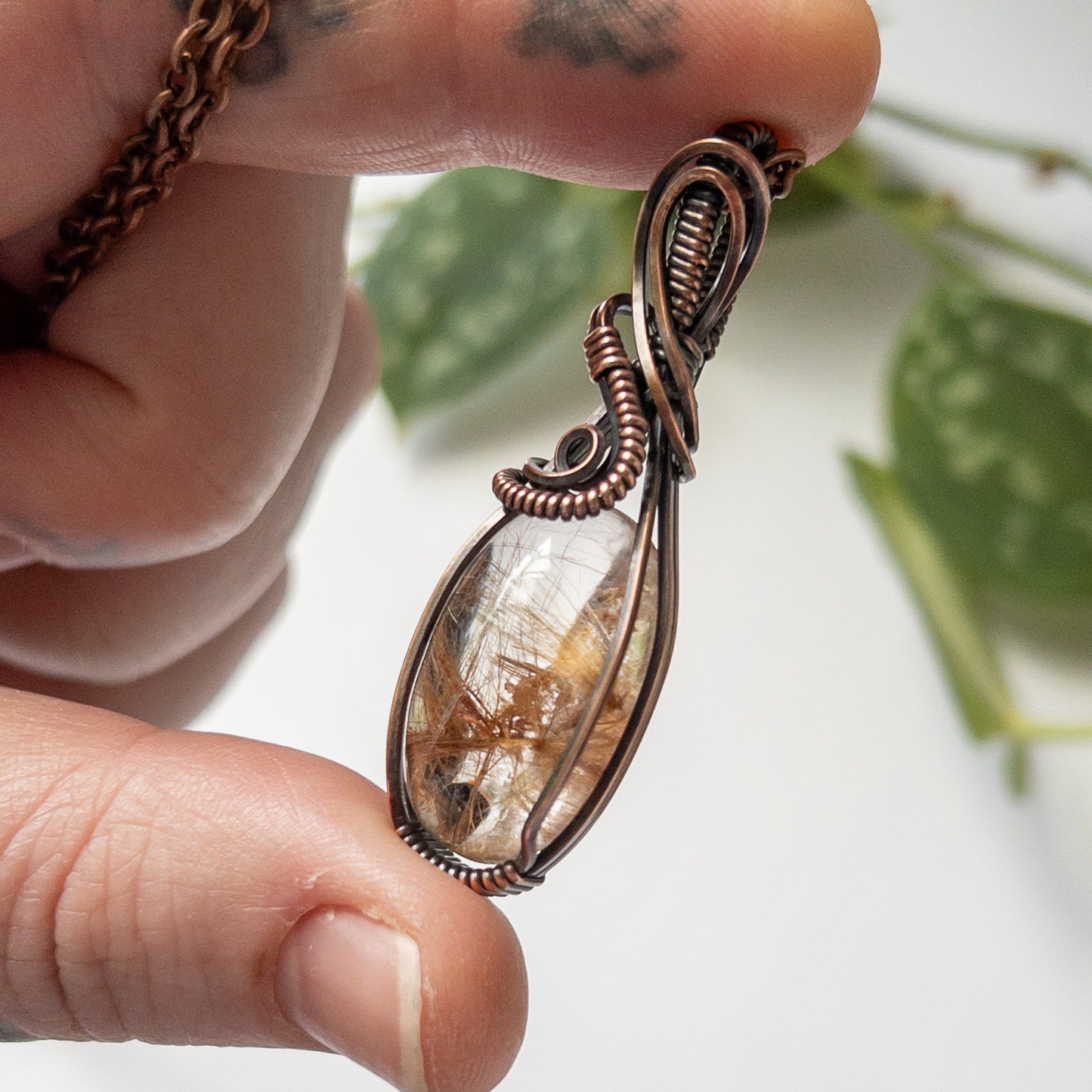 Gold Rutilated Quartz & Copper Wrapped Pendant