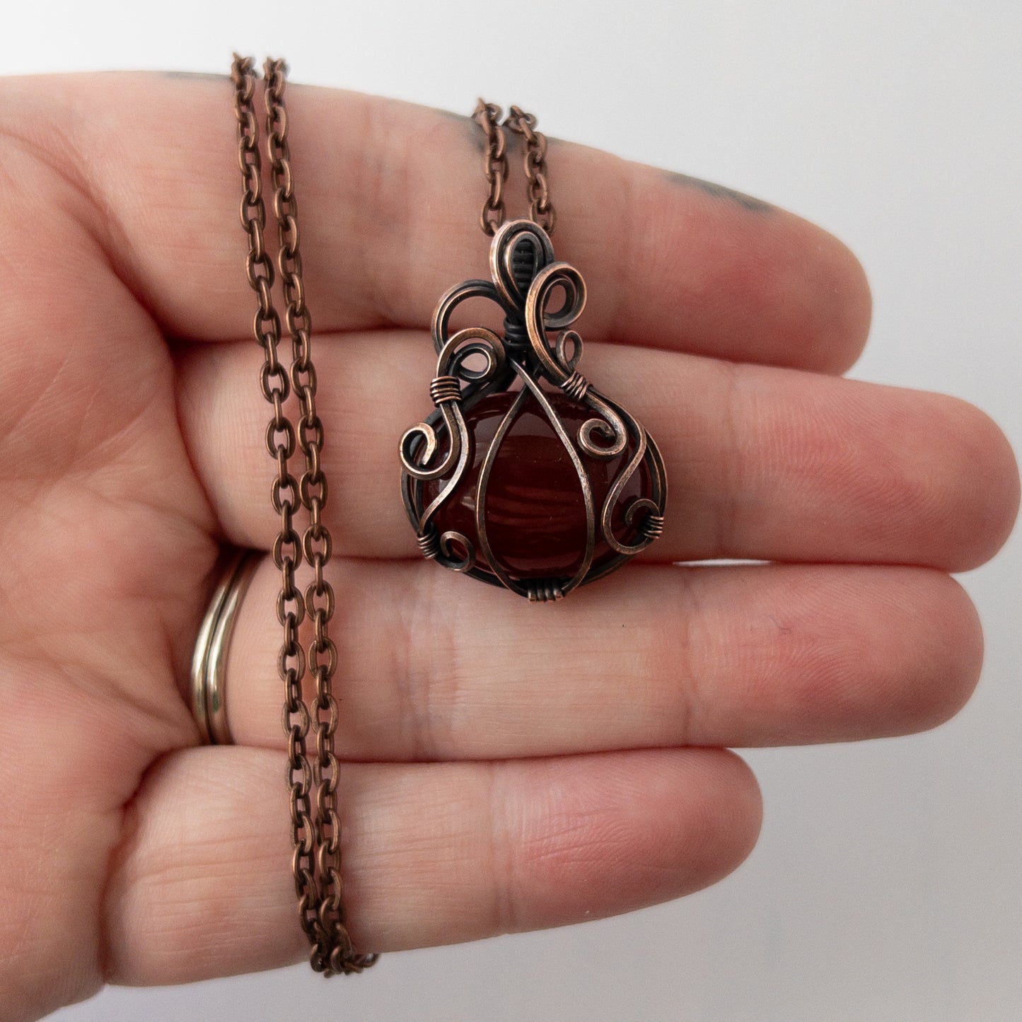 Dark Red Carnelian Pumpkin Antiqued Copper Pendant