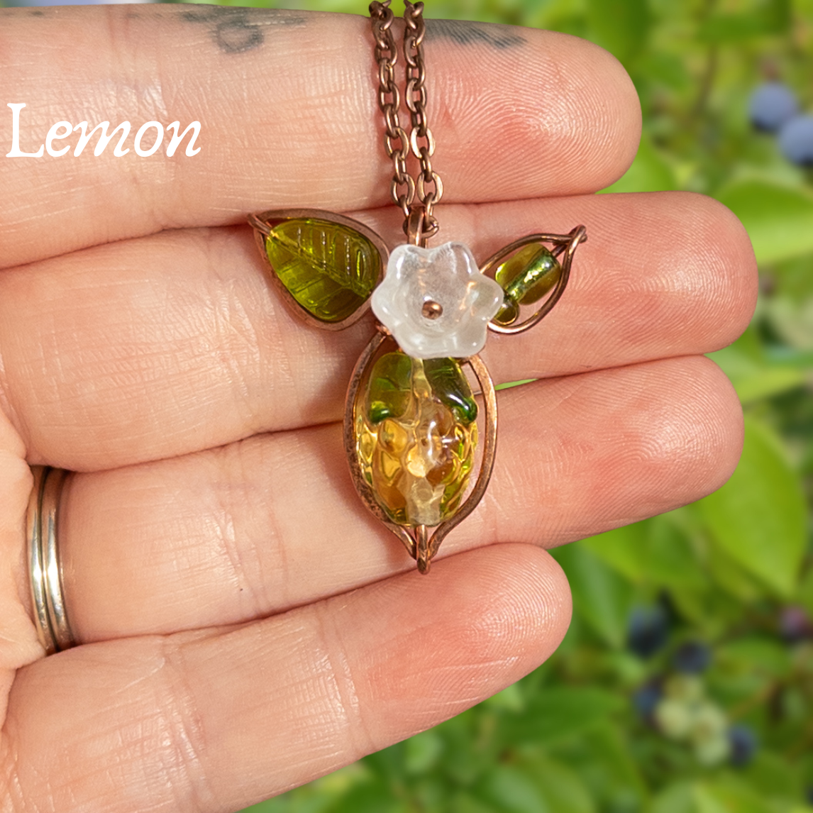 “Summer Harvest” Glass Fruit Wrapped Bare Copper Pendants