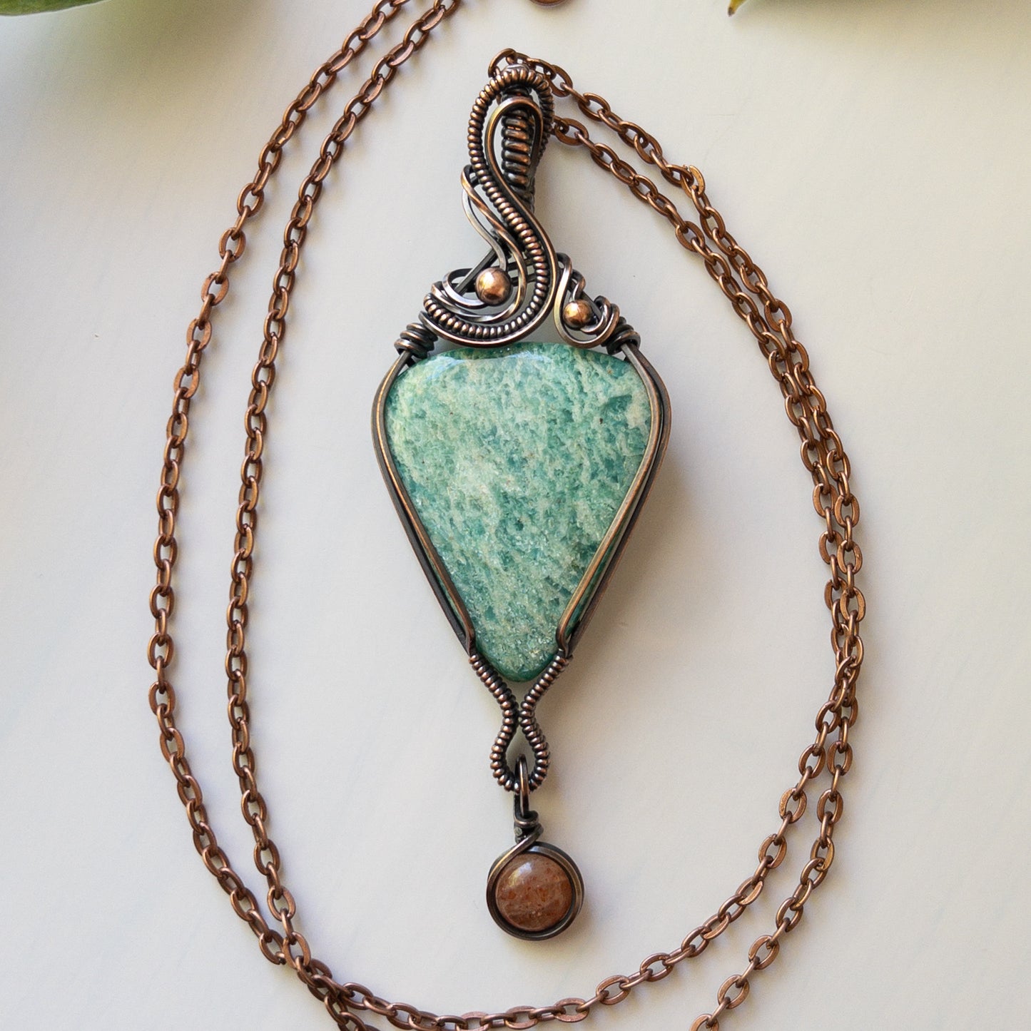 Amazonite With Sunstone Charm Copper Wrapped Pendant