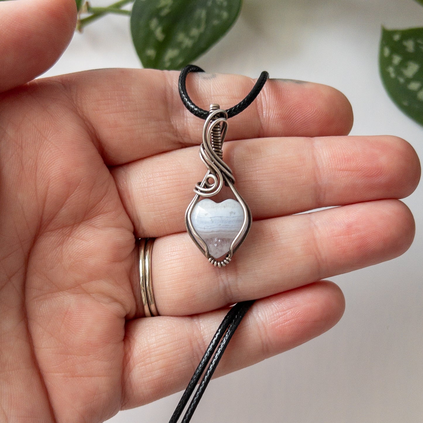 Mini Blue Lace Agate Heart & Sterling Silver Pendant - A