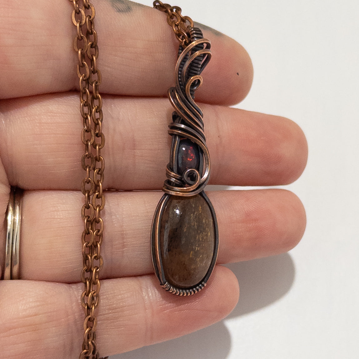 Black Sunstone & Smoked Opal Copper Wrapped Pendant