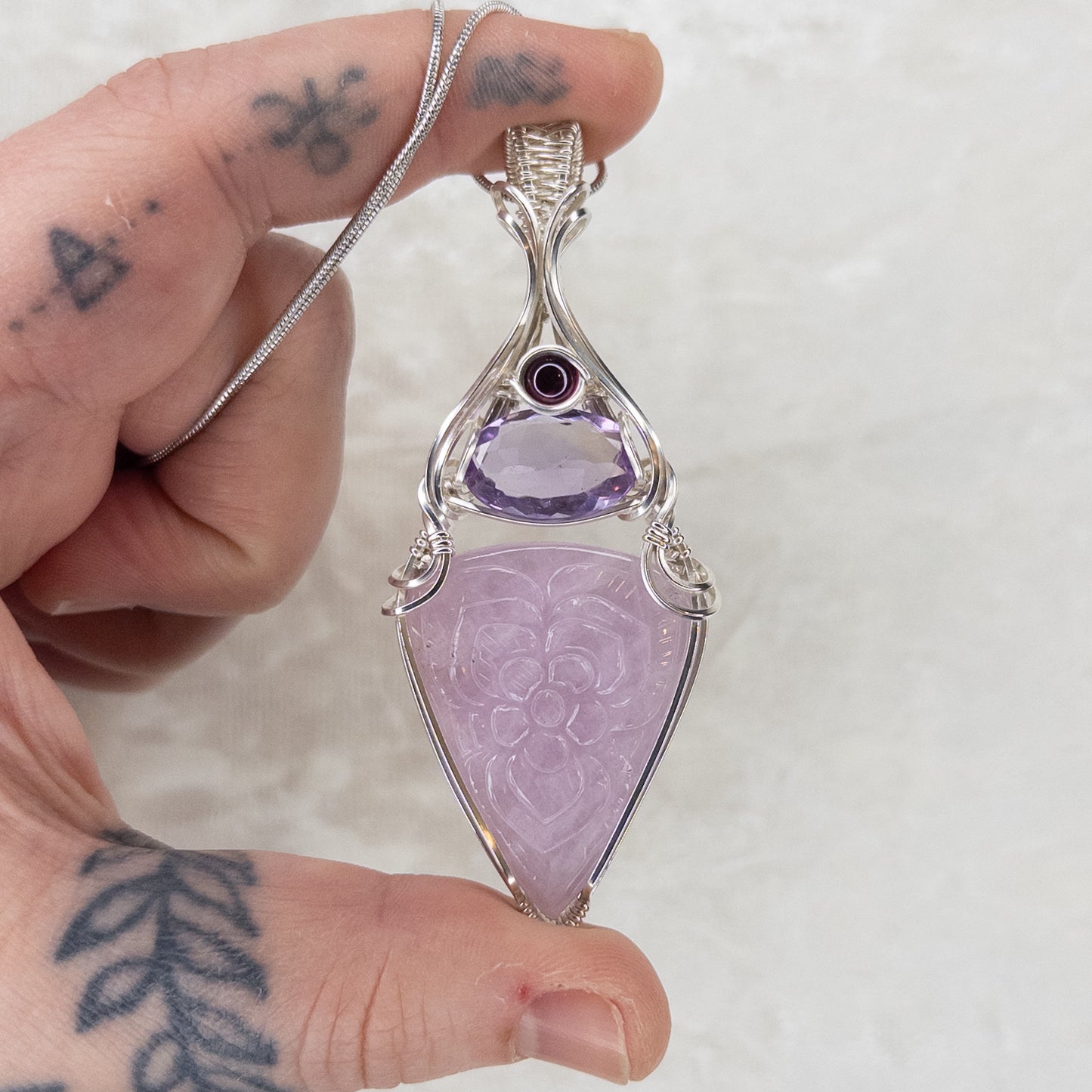 Floral Motif Carved Kunzite, Faceted Rose de France Amethyst, & Fuschia Garnet Solid Sterling Silver Wrapped Pendant