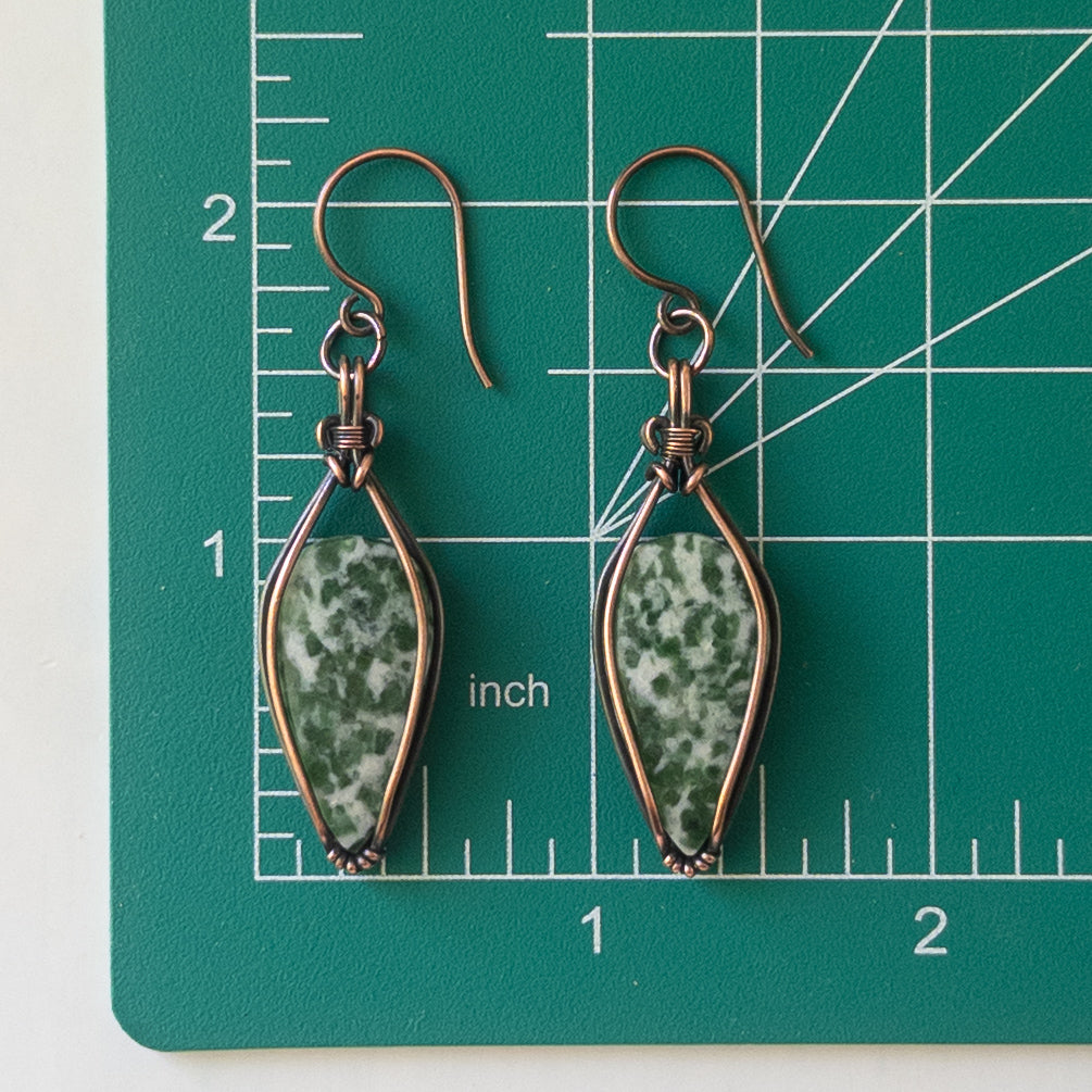 Green Spot Jasper Antiqued Copper Wrapped Earrings