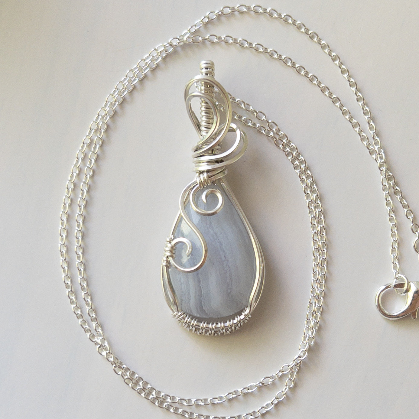 Faceted Blue Lace Agate & Sterling Silver Wrapped Pendant