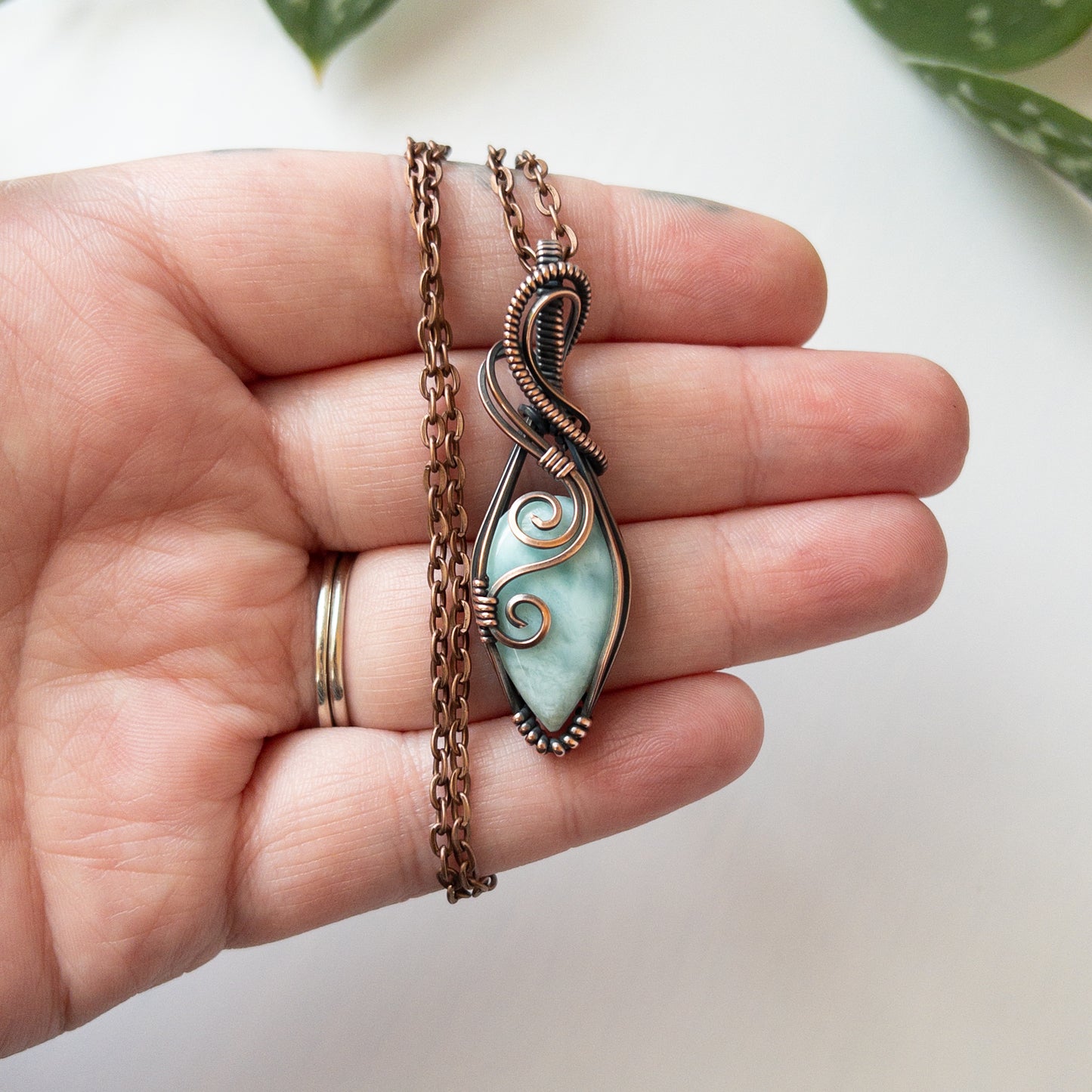Larimar & Copper Wrapped Pendant With Swirl Motif