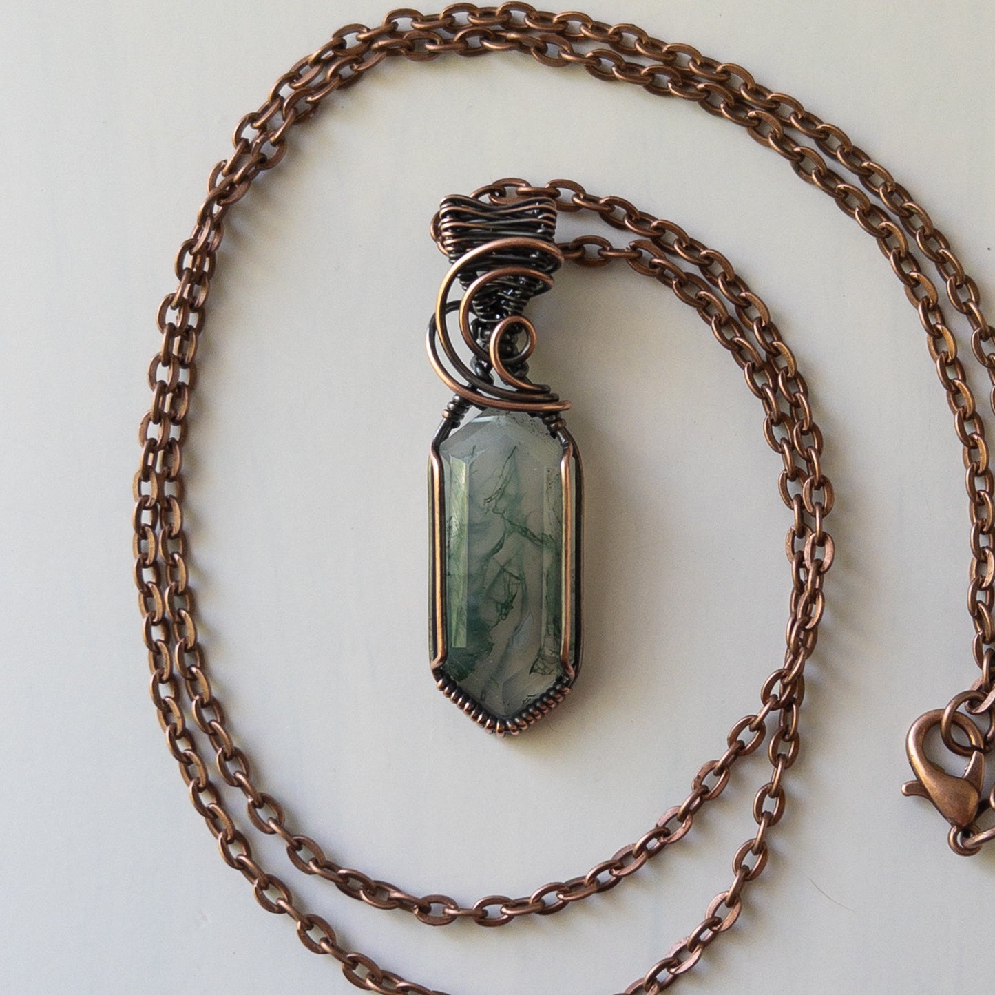 Faceted Marquise Moss Agate Copper Wrapped Pendant