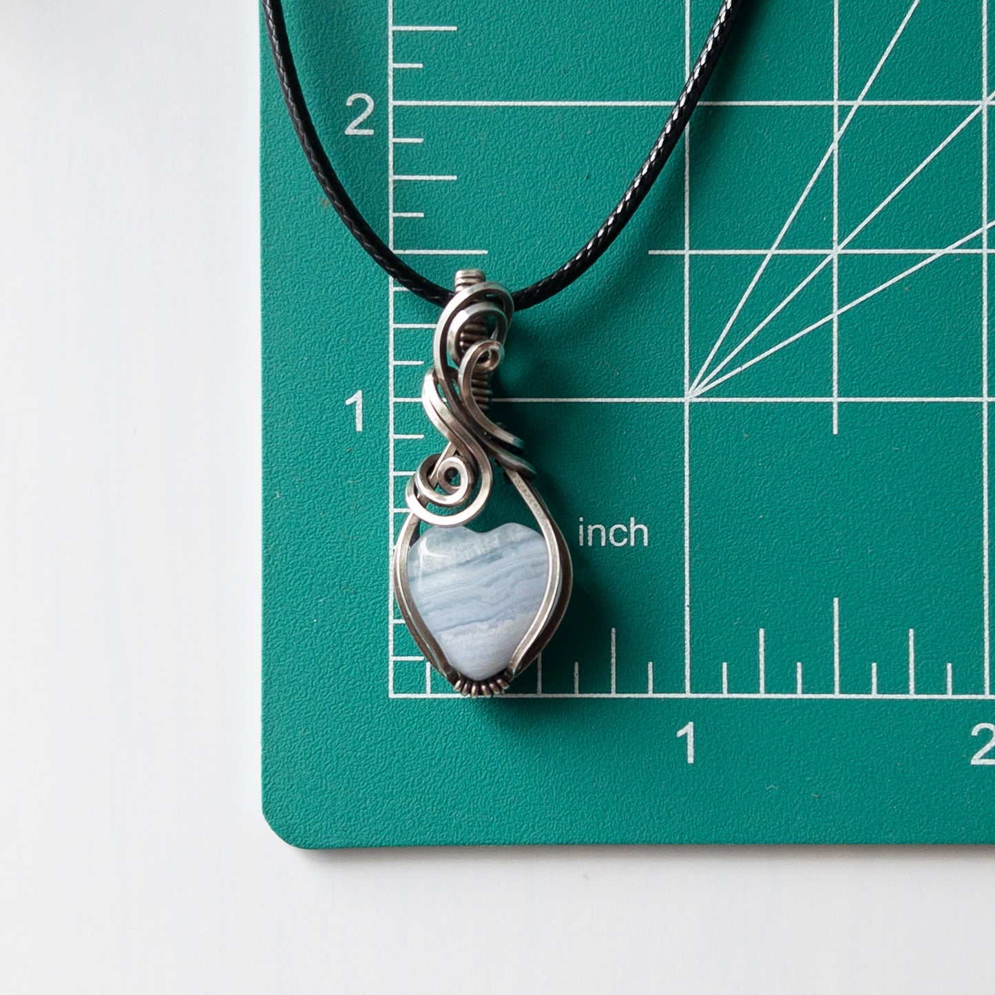 Mini Blue Lace Agate Heart & Sterling Silver Wrapped Pendant - B