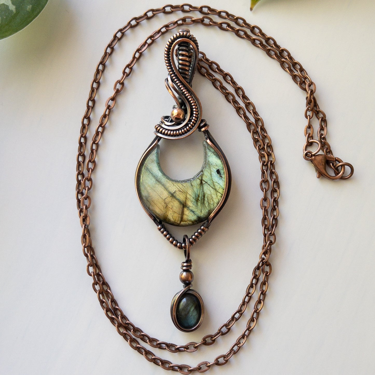 Crescent Moon Labradorite With Labradorite Charm Copper Wrapped Pendant